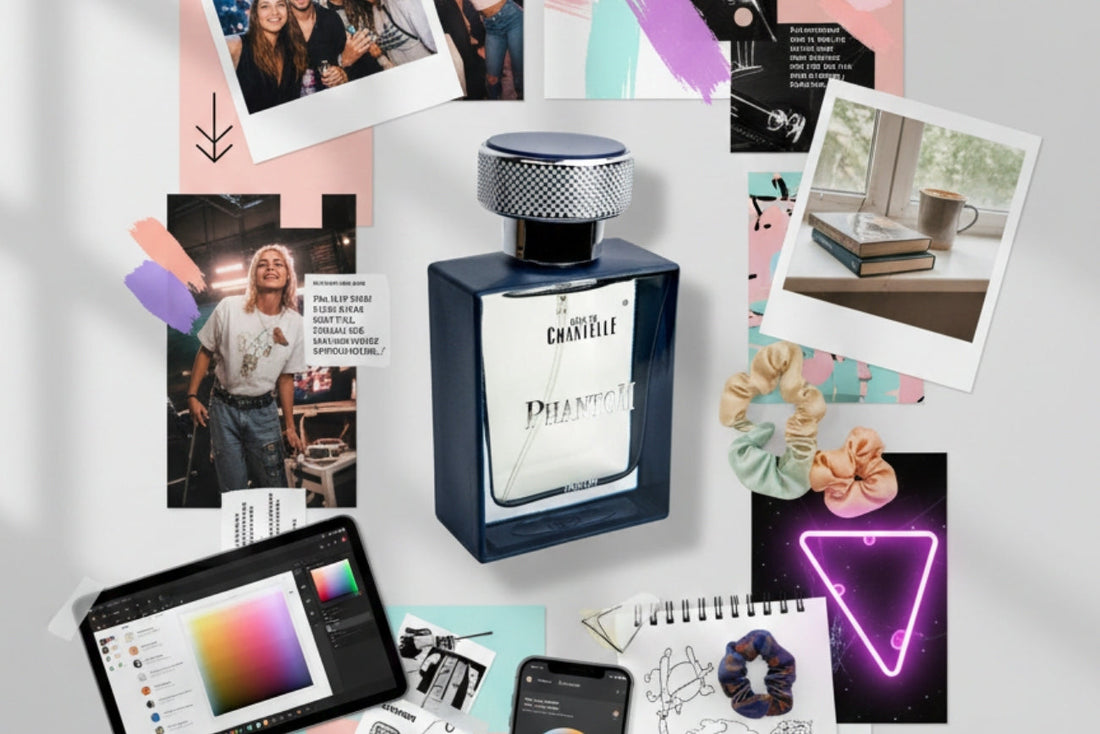 Butelka perfum Phantom otoczona atrybutami pokolenia Z