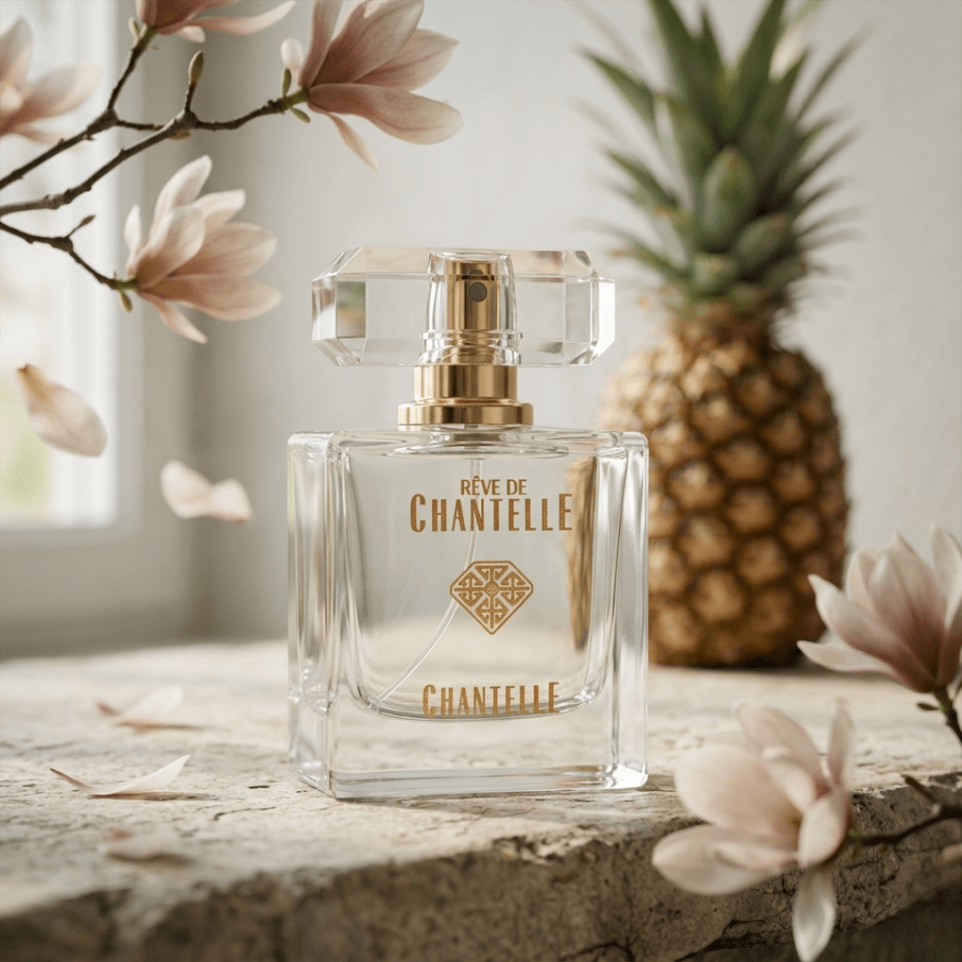 Chantelle perfume with magnolia and pineapple in the background