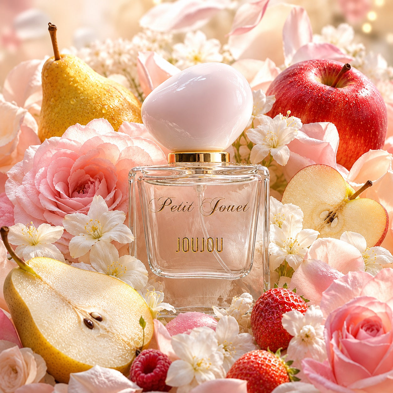 joujou surranded by fruits and flowers