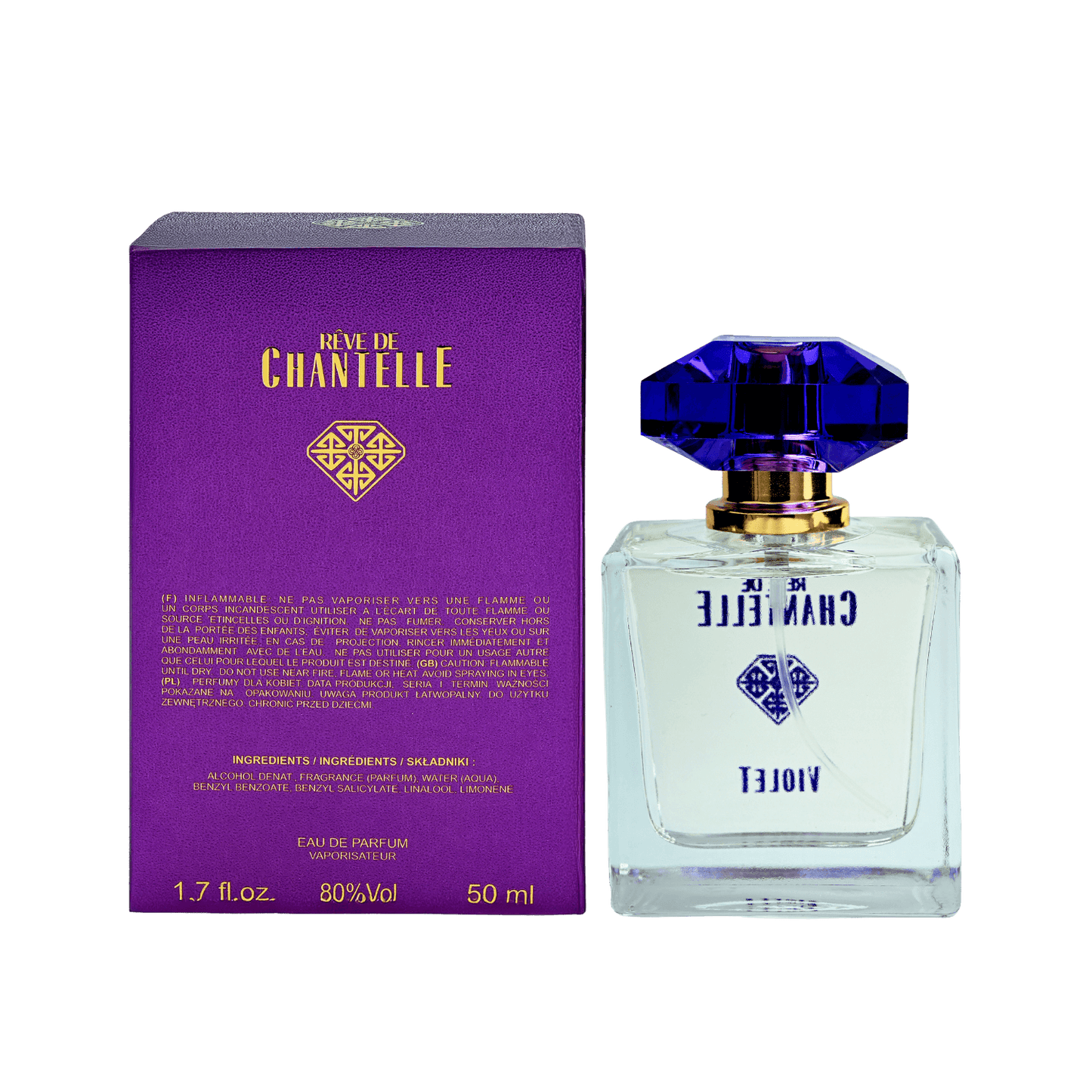 Violet perfume - bottle and box (back view)