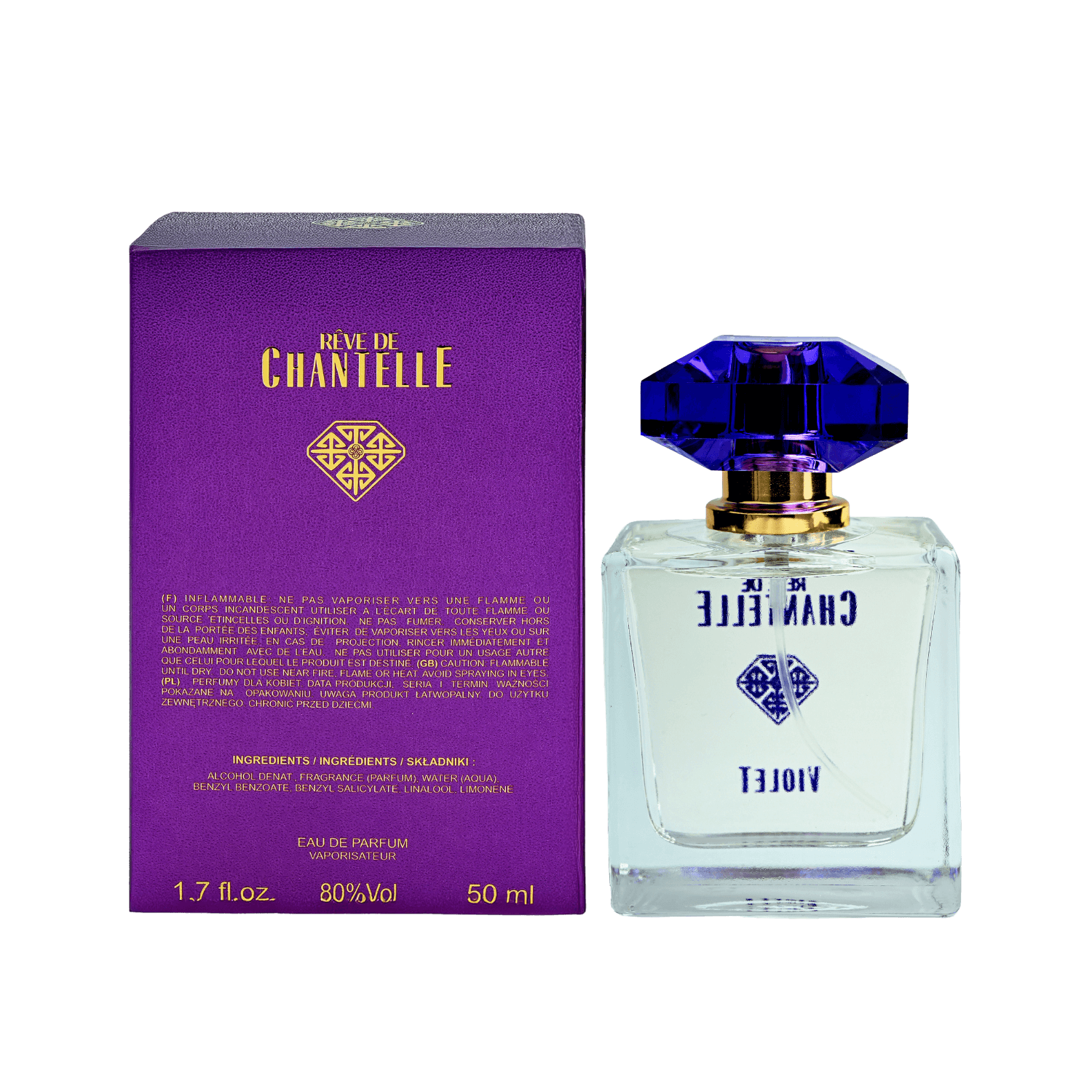 Violet perfume - bottle and box (back view)