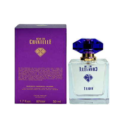 Violet perfume - bottle and box (back view)
