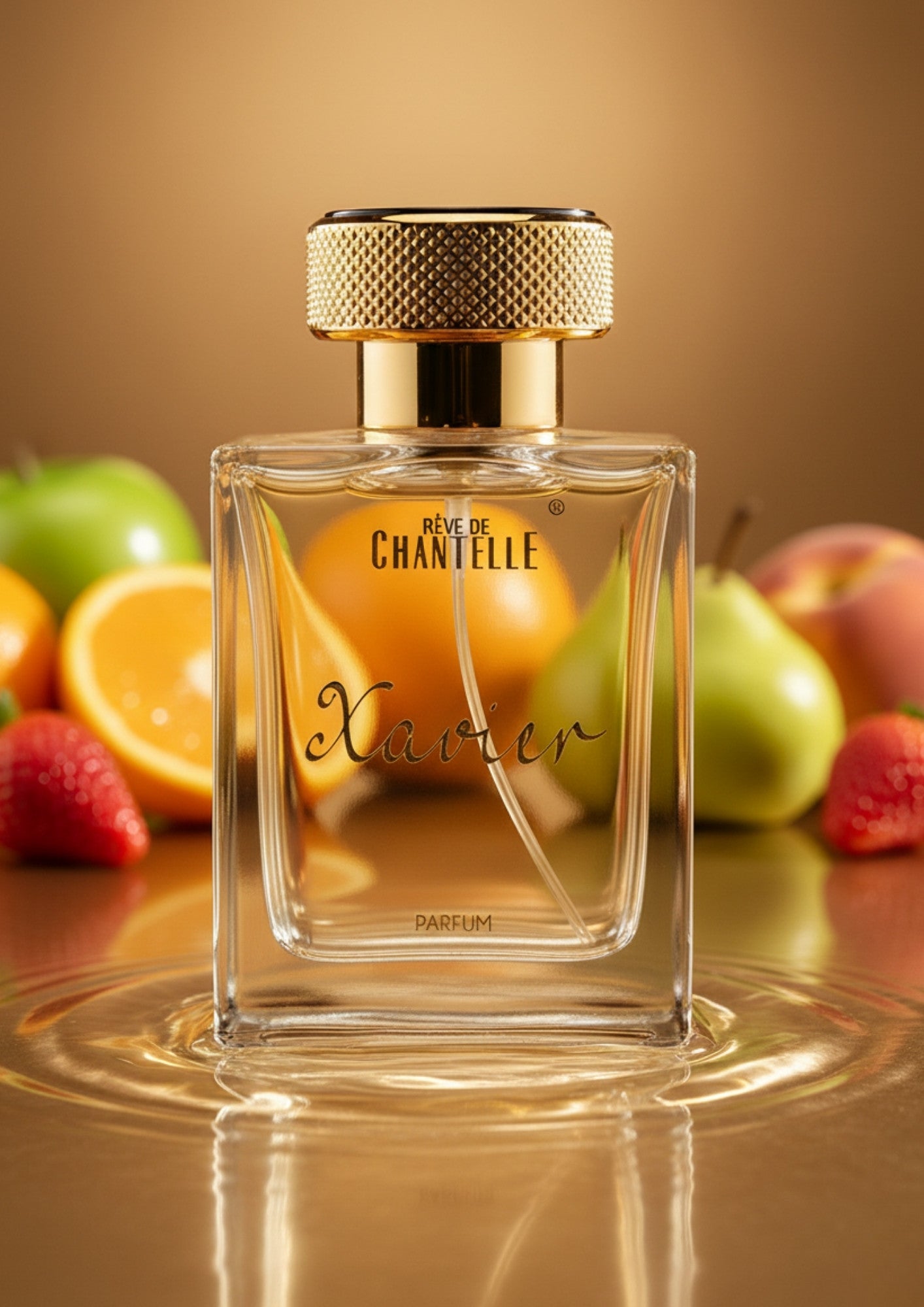 Xavier bottle on a fruit background